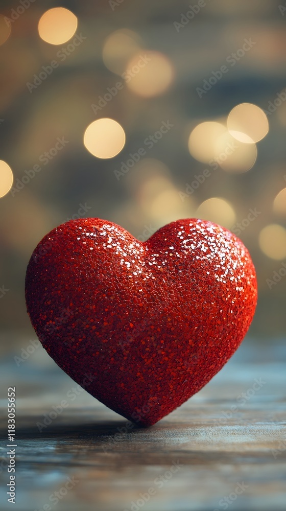 Fototapeta premium Sparkling Red Heart Glitter Against Blurred Bokeh Background