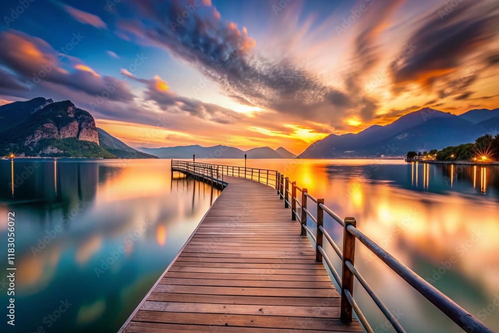 Fototapeta premium Long Exposure Photography: Serene Lake Iseo Pier View at Sunset