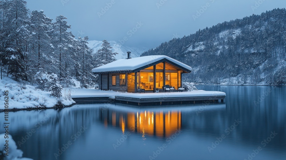 Fototapeta premium Cozy lake cabin in winter.