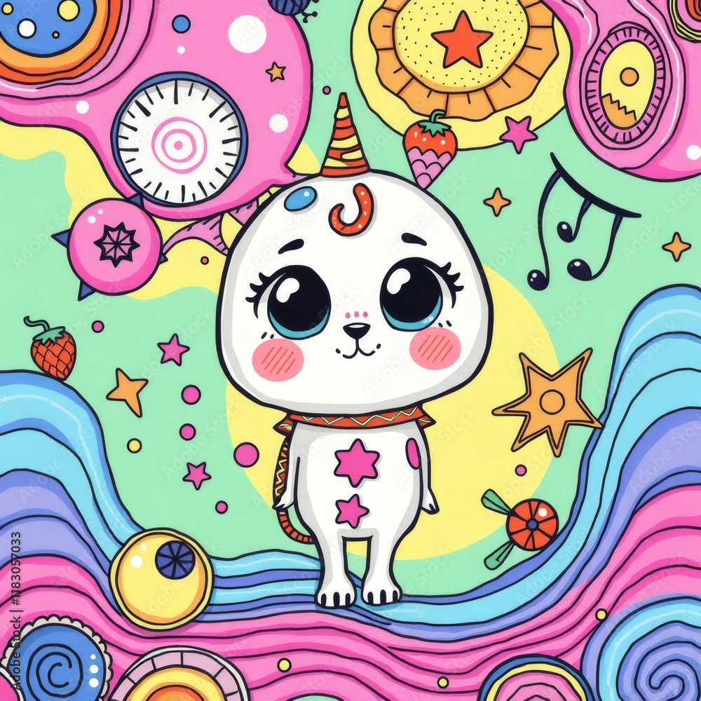 Cute cartoon animal with big eyes and unicorn horn on abstract background. Cute cartoon animal with big eyes and unicorn horn on abstract background.