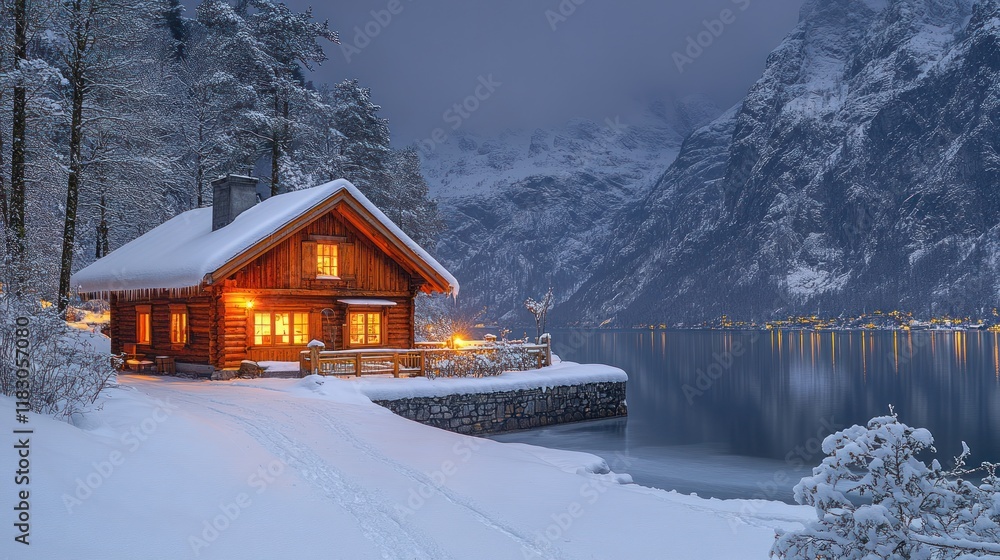 Cozy wooden cabin nestled in snowy mountains by a tranquil lake at twilight. Cozy wooden cabin nestled in snowy mountains by a tranquil lake at twilight.