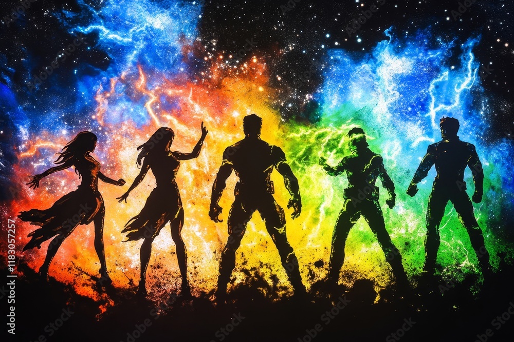Silhouette of Diverse Superheroes Against a Colorful Cosmic Background Featuring Lightning and Stars, Symbolizing Strength, Unity and Imagination Silhouette of Diverse Superheroes Against a Colorful Cosmic Background Featuring Lightning and Stars, Symbolizing Strength, Unity and Imagination