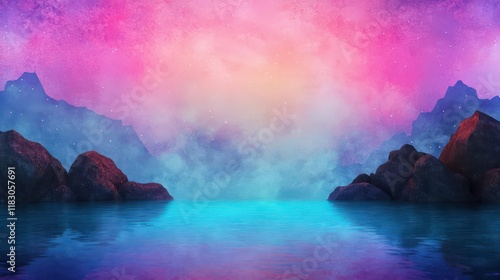 Gentle curve of rocks cradles a glimmering pool below, drenched in soft pastel colors under an ethereal misty ambiance