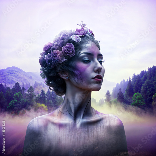 Fantastic, colorful portrait of a woman in a sea wave. Thoughts and sleep. Apollonian and Dionysian.