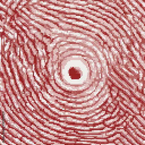 Red fingerprint pixel art with a central hole