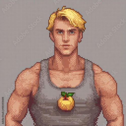 Pixel art of a man in a tank top with an apple