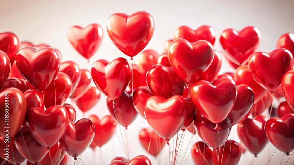 Long Exposure Red Heart Balloons Cluster on White Background - Romantic Stock Photo Long Exposure Red Heart Balloons Cluster on White Background - Romantic Stock Photo