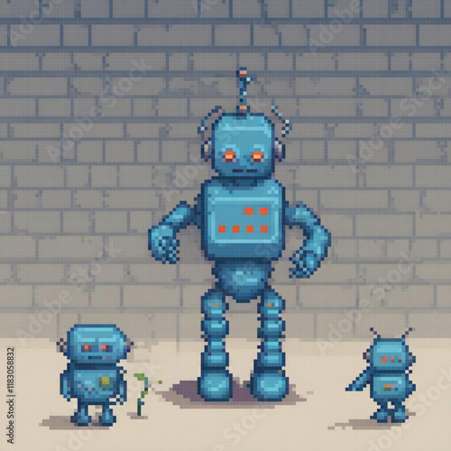 Blue robot in pixel art, standing proudly before a brick wall.