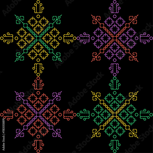 Kasuti india stitch embroidery needlework for fabric background paper wallpaper tiles seamless artwork simple geometric printed  pattern design