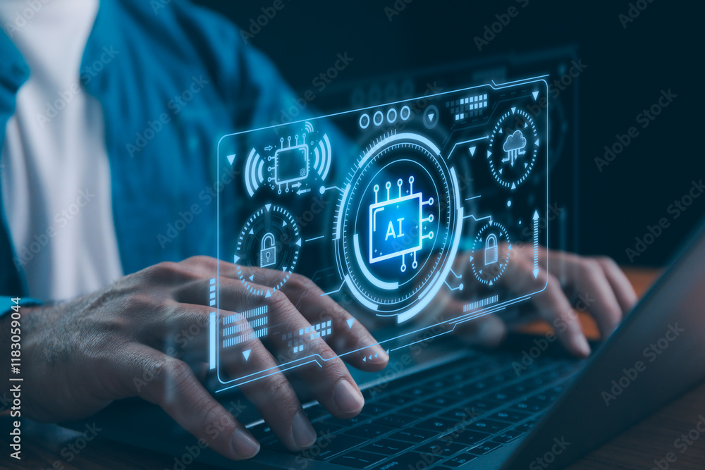 Artificial intelligence machine learning technology, man using a laptop computer, generations someone with AI smart tech. New digital communication online computer. AI ethics in business.