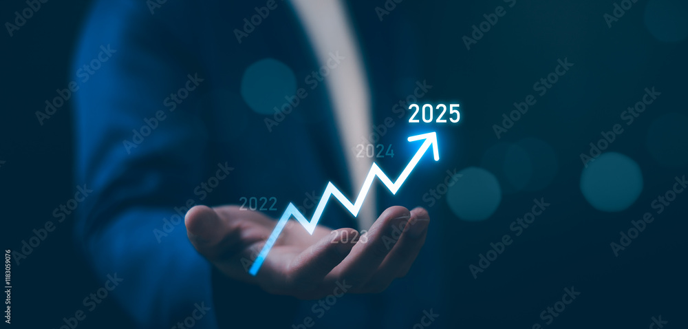 Businessman showing growth from 2024 to 2025. Concept of business success, progress, and future potential. Increasing arrow and 2025 year for business investment and trading growth in new year concept