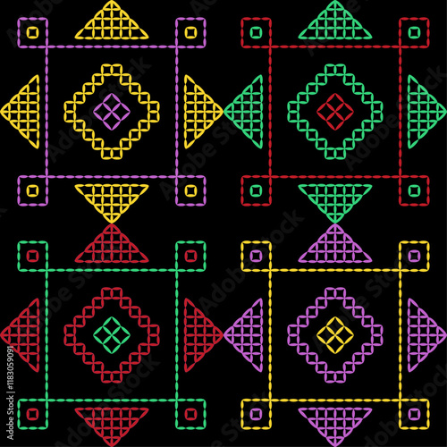 Kasuti india stitch embroidery needlework for fabric background paper wallpaper tiles seamless artwork simple geometric printed  pattern design