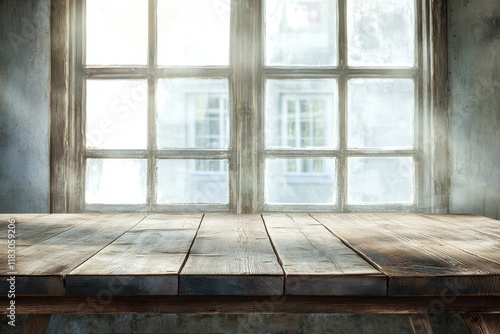 Rustic wooden table near sunlit window, city view, product display photo