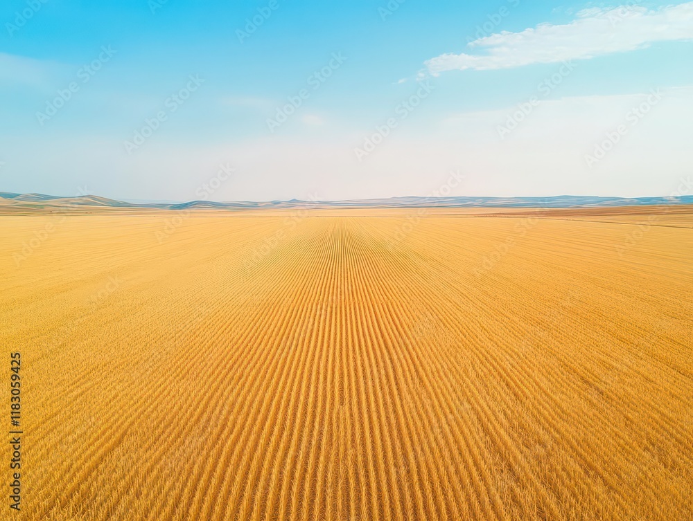 Naklejka premium Golden wheat fields swaying at sunset, warm golden light, aerial view capturing vastness