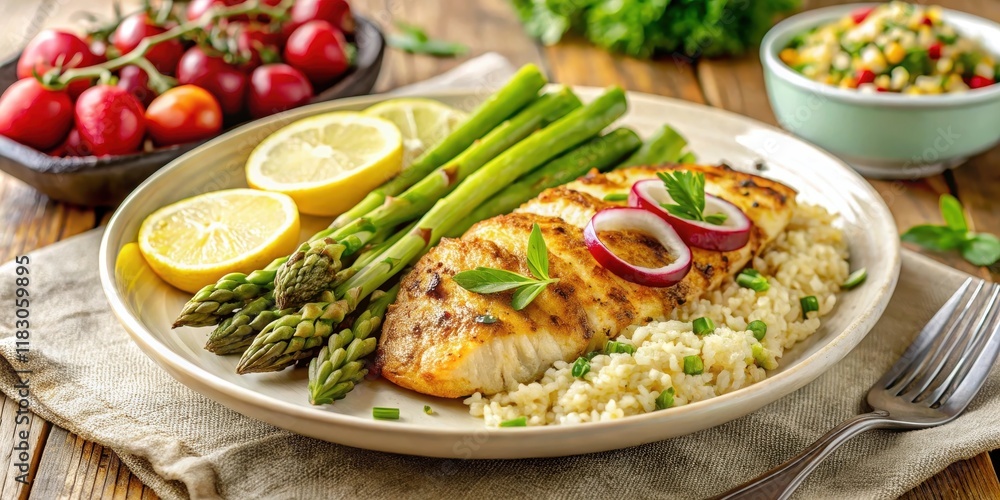 Delicious pan-seared fish fillet served with asparagus, lemon wedges, and creamy risotto on a rustic wooden table Delicious pan-seared fish fillet served with asparagus, lemon wedges, and creamy risotto on a rustic wooden table