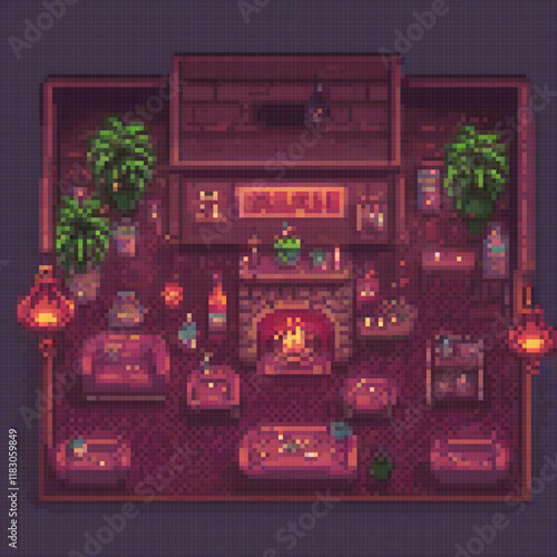 Pixel art depicting a cozy room with a central fireplace.