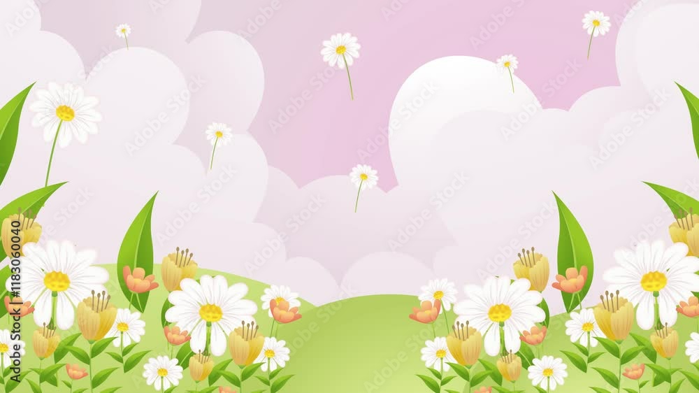a beautifully designed pink sky featuring daisy flowers with green foliage seamless 4k video background motion pop art design
