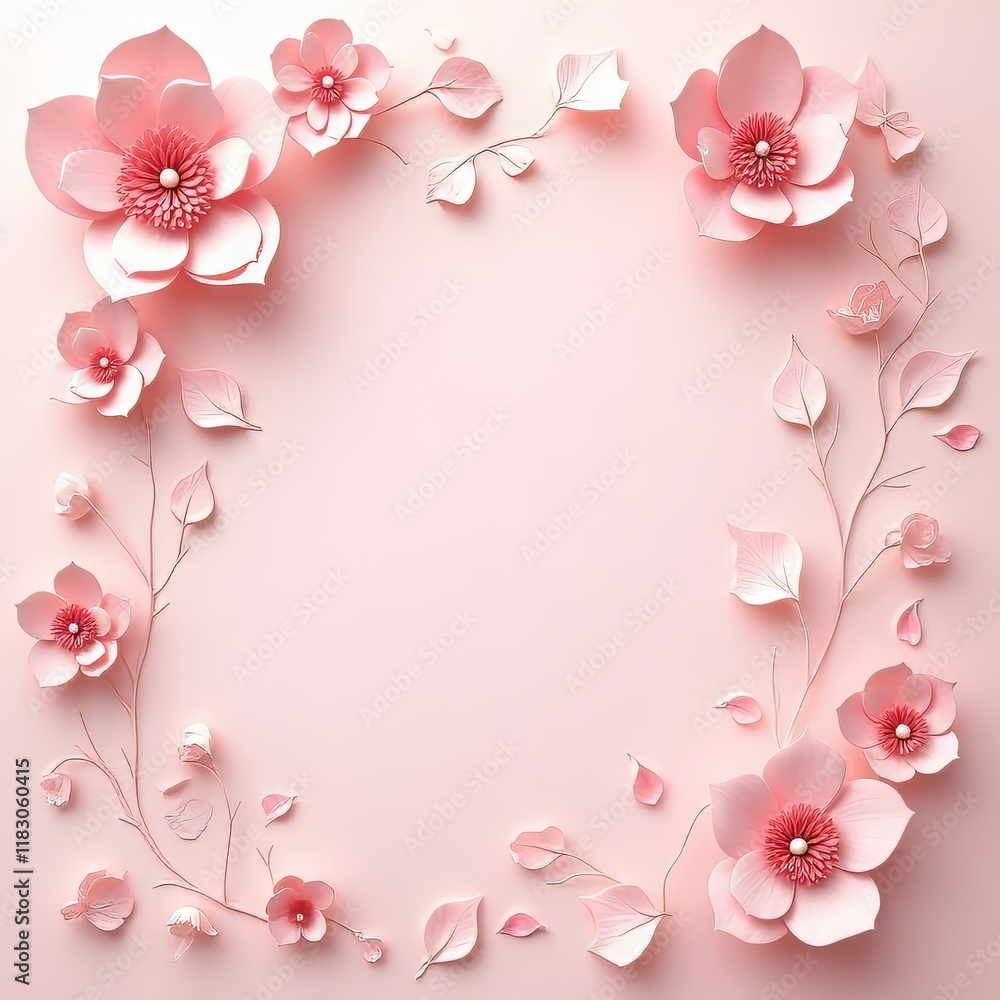 Delicate pink paper flowers arranged in a beautiful frame on a soft pastel background.