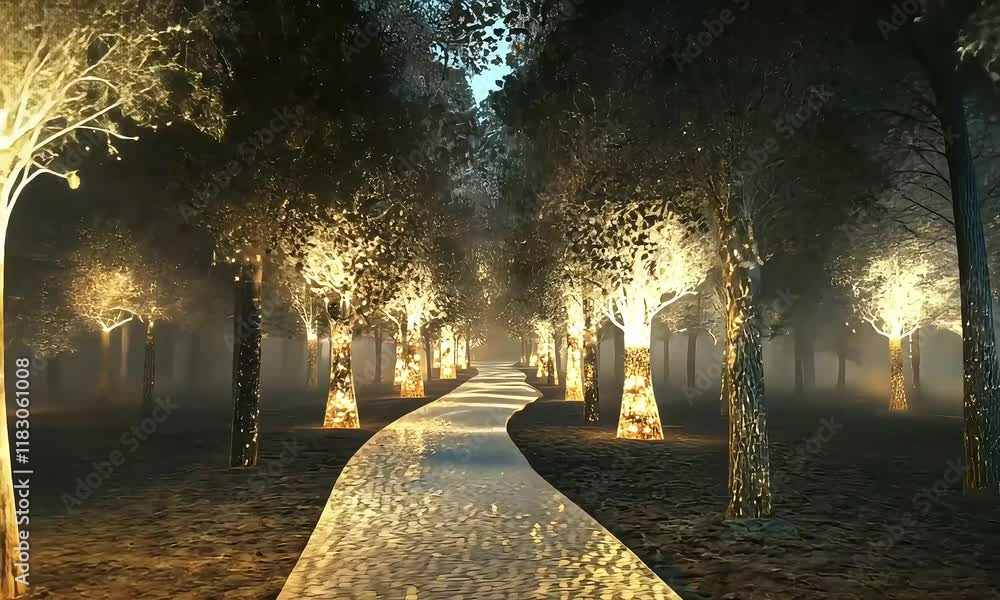 Enchanted forest pathway illuminated by glowing trees with a misty ...