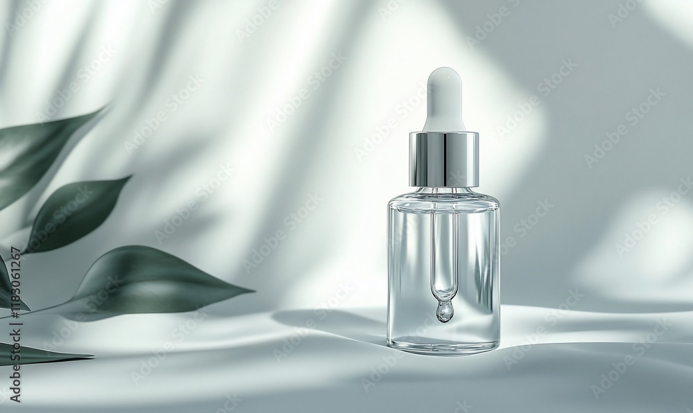 Serum bottle, elegant backdrop, sunlight, leaves. Skincare product mockup Serum bottle, elegant backdrop, sunlight, leaves. Skincare product mockup