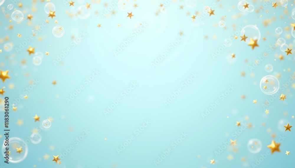 Golden stars and bubbles on a soft blue background create a whimsical atmosphere. Golden stars and bubbles on a soft blue background create a whimsical atmosphere.