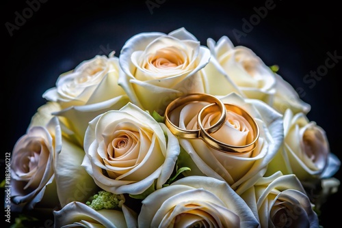 Long Exposure: White Rose Bridal Bouquet with Gold Rings on Black Background