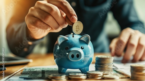 A man drops coins into a blue piggy bank, symbolizing the act of saving and financial responsibility. represents financial planning, budgeting, and the commitment to building a stable future photo