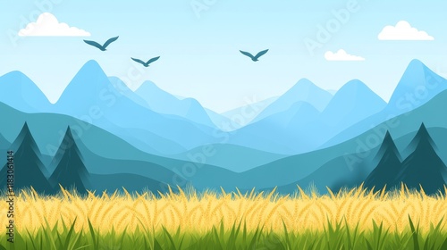 Serene Wheat Field Panorama with Majestic Mountains and Birds photo