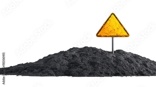 Pile of black coal with a yellow warning sign, industrial resource and potential hazard photo