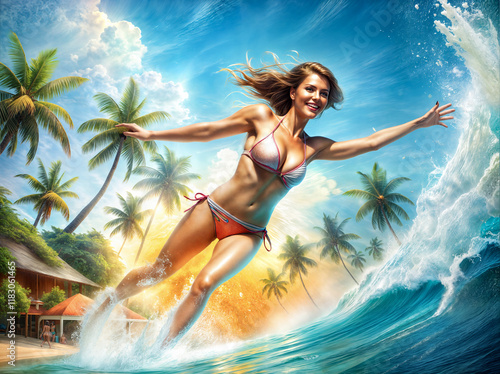 A woman runs and splashes in the waves of the ocean. A riot of colors and health during outdoor activities