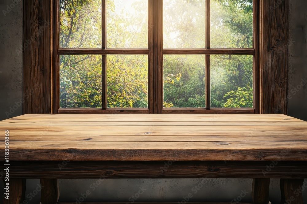 Rustic wooden table, sunlit window, autumn leaves, forest view, product display Rustic wooden table, sunlit window, autumn leaves, forest view, product display