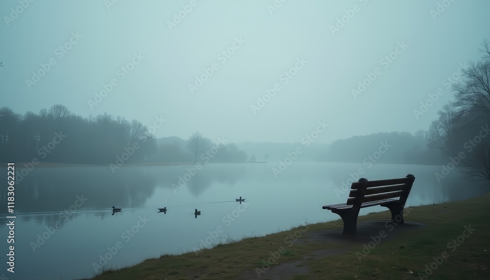 Fototapeta premium A tranquil lakeside scene with a bench and ducks in the fog.