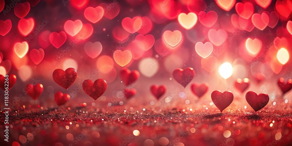 Romantic red hearts bokeh background, perfect for Valentine's Day or love themed designs Romantic red hearts bokeh background, perfect for Valentine's Day or love themed designs