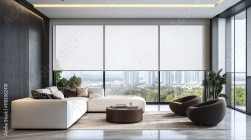 Modern Living Room with City View and Roller Shades