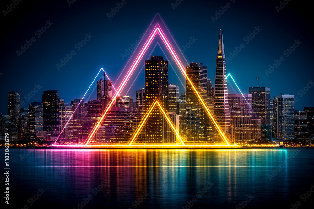 Obraz premium A city skyline is lit up in neon colors. The city is on a lake and the lights are reflected in the water. The city is a vibrant and lively place, with the neon lights adding to the energy
