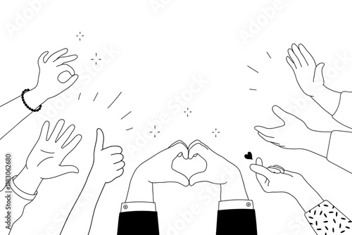 Applause hands set on doodle style. Human hands sketch, scribble arms wave clapping on white background, thumb up gesture silhouette, vector illustration