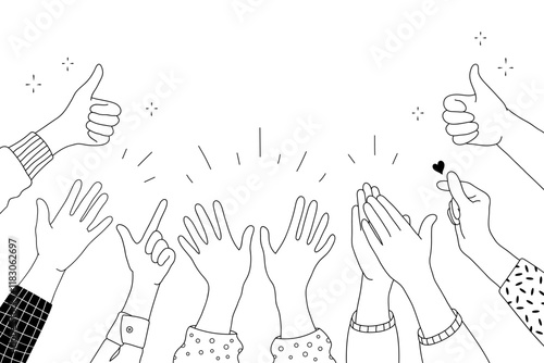 Applause hands set in doodle style. Human hands sketch, scribble arms raised clapping on a white background, featuring various hand positions and a thumb-up gesture silhouette, vector illustration.
