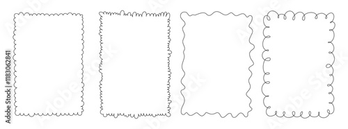 Scallop frame set. Different wavy shapes with squiggly edge border. Zig zag stamps or wiggle stickers for photo, badge, tag design. Curvy labels isolated on white background, editable stroke.