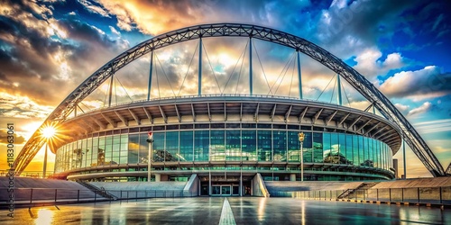 Low Angle Wembley Stadium Afternoon Sun, Grainy Texture, Documentary Style