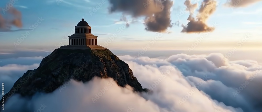 Fototapeta premium A stunning mountaintop temple surrounded by clouds at sunset, showcasing a breathtaking view of nature's beauty.