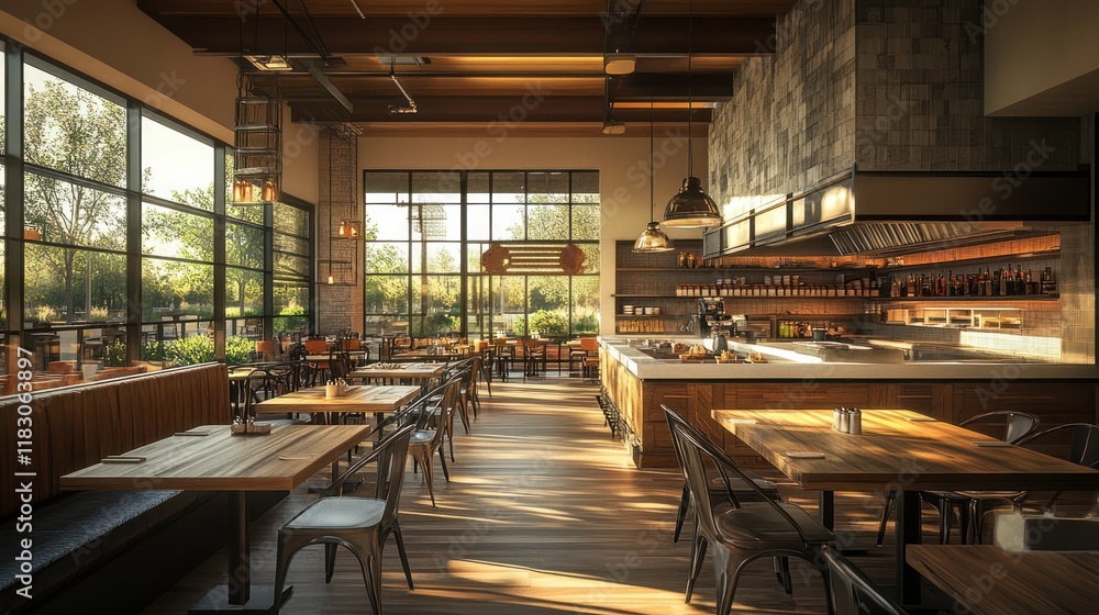 Sunlit modern restaurant interior with wooden tables, chairs, and bar. Sunlit modern restaurant interior with wooden tables, chairs, and bar.