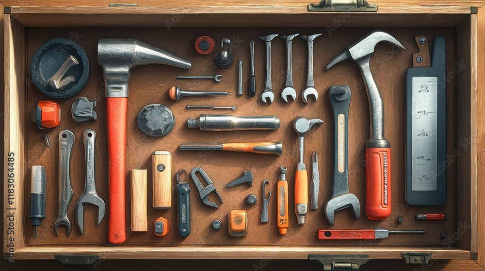Top view of a wooden toolbox filled with various hand tools. Top view of a wooden toolbox filled with various hand tools.