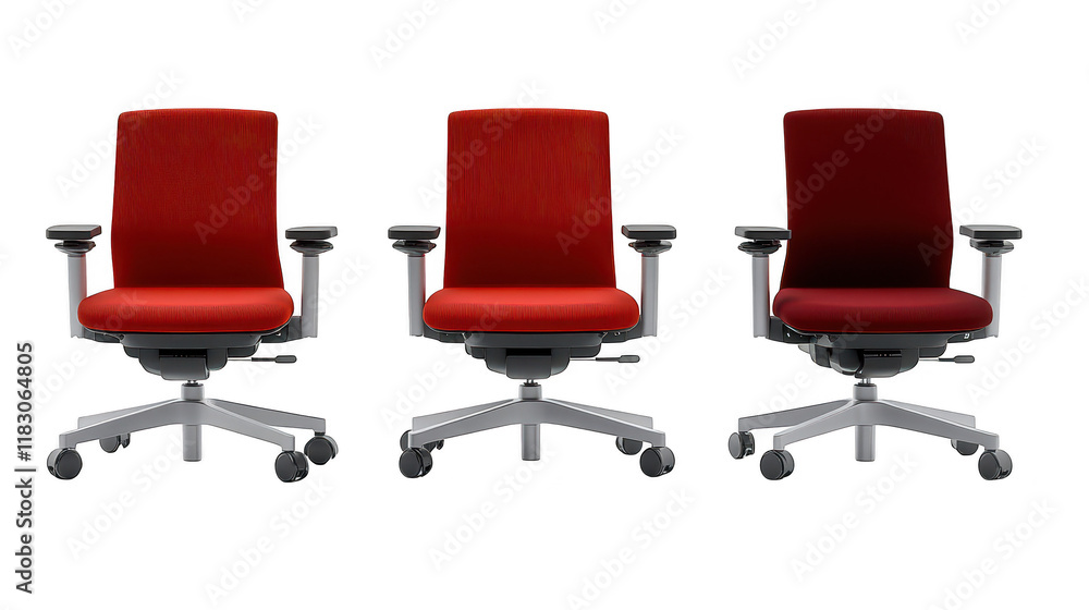Fototapeta premium Three vibrant red office chairs with sleek legs, a modern seating solution