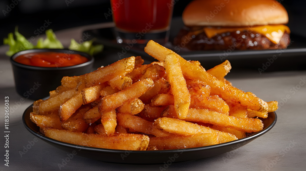 A plate of golden-brown, crispy french fries sits in the foreground, with a blurred background featuring a burger and ketchup. The fries appear seasoned and delicious. A plate of golden-brown, crispy french fries sits in the foreground, with a blurred background featuring a burger and ketchup. The fries appear seasoned and delicious.