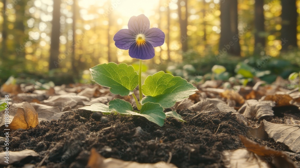 Single Pansy Flower Blooming in Forest Sunlight Single Pansy Flower Blooming in Forest Sunlight