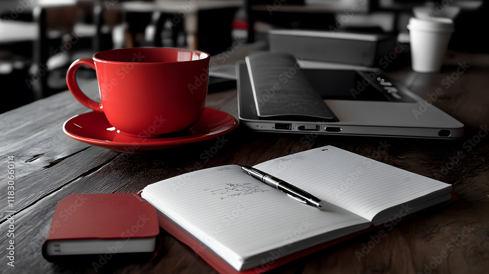 Red mug, saucer, notebook, pen, and laptop on a rustic wooden table. A cozy workspace scene, perfect for blogging, writing, or studying. Red mug, saucer, notebook, pen, and laptop on a rustic wooden table. A cozy workspace scene, perfect for blogging, writing, or studying.