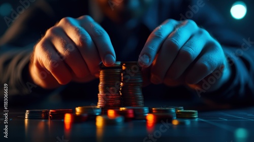 financial freedom independence strategy value concept. Hands arranging coins in a dimly lit environment, emphasizing finance and investment themes. photo