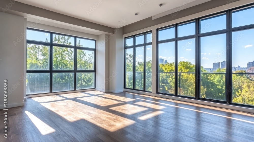 Sunlight Streaming Through Expansive Windows in a Modern Apartment with City Views Sunlight Streaming Through Expansive Windows in a Modern Apartment with City Views