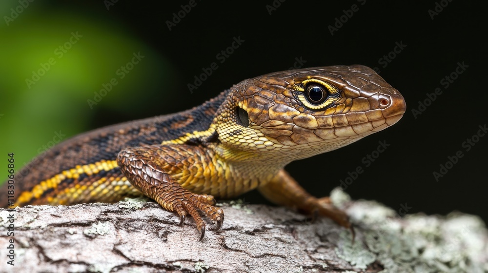 Close-up of a vibrant brown lizard with yellow stripes, perched on a tree branch. Ideal for reptile documentaries, nature websites, or showcasing exotic wildlife. Close-up of a vibrant brown lizard with yellow stripes, perched on a tree branch. Ideal for reptile documentaries, nature websites, or showcasing exotic wildlife.