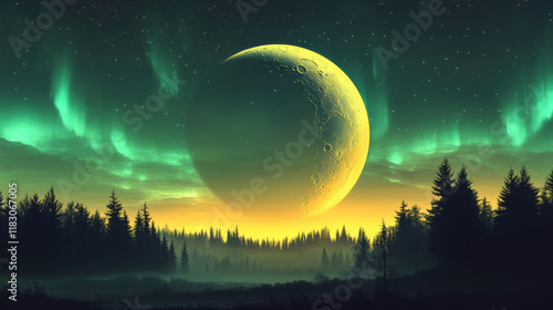 A vibrant depiction of a crescent moon in a golden-green sunrise sky, highlighted by shimmering auroras stretching across the horizon. The moon appears embedded within layers of translucent mist, with